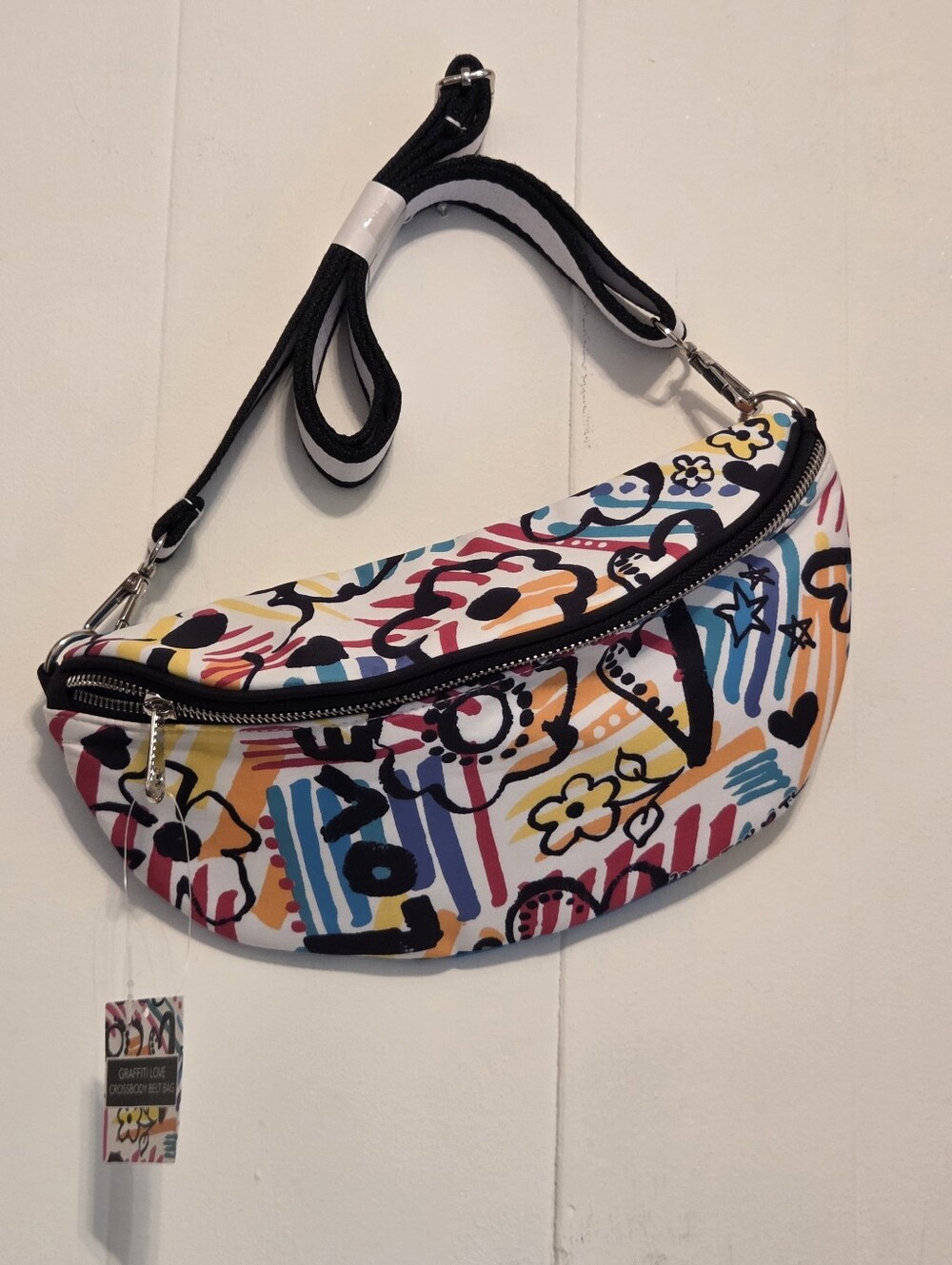 NWT BRIGHTON Love Graffiti-Print Crescent Crossbody Bag - Multicolor